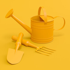 Wall Mural - Watering can with garden tools like shovel, rake and fork on monochrome