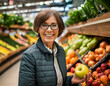 Close-up of old smiling lady standing in salesroom of greengrocery