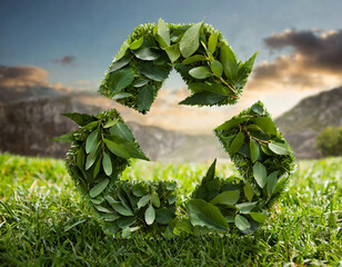 Recycling green symbol made of gren grass and leaves. Ecological zero waste concept