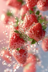 Wall Mural - Collection of fresh Strawberry with splashing clear water