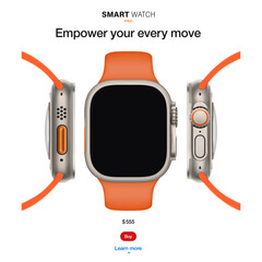 Poster - smart watch in a titanium case with a silicone band and black screen, isolated on a white background. silver wrist clock with a sporty orange strap in realistic style. vector illustration