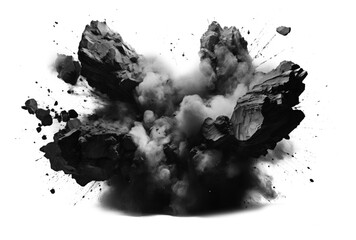 Exploding black rock with smoke and dust on empty transparent background. Isolated brush. Generative ai