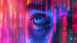 Biometric data protection concept, binary code securing digital lock, vivid LSD colors