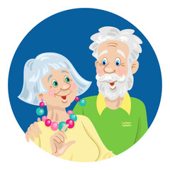 Wall Mural - Avatar icon of a cute elderly couple. Adult man and woman hugging. Vector illustration in dark blue circle. Isolated on white background.