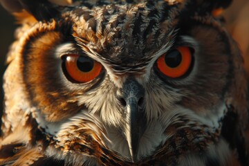 Poster - A detailed close up of an owl with striking orange eyes. Perfect for nature and wildlife themes