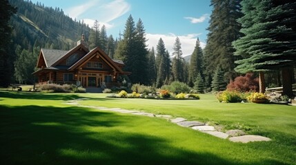 Poster - A log cabin in a lush green field, suitable for various projects