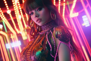 Aufkleber - A woman standing in front of vibrant neon lights. Ideal for urban-themed projects