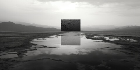 Aufkleber - A striking black and white photo of a square in the middle of a desert. Perfect for architectural or minimalistic concepts