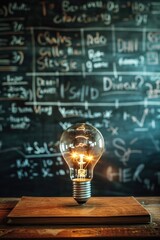 Poster - A light bulb sitting on top of a wooden table, suitable for various concepts and designs