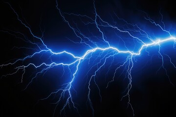 Poster - A striking blue lightning bolt in a dark stormy sky. Perfect for weather-related designs