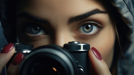 Poster - Close up of a person holding a camera. Perfect for photography concepts
