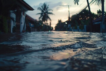 Poster - A view of a flooded street at dusk. Suitable for weather or natural disaster concepts