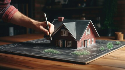 Poster - A man drawing a model of a house. Suitable for architecture and construction concepts