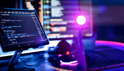 Professional Development programmer working background. Coding technologies working in software company office