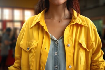 Poster - A woman in a yellow jacket holding a cell phone. Suitable for technology and lifestyle concepts