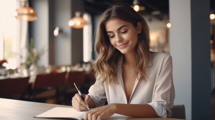 Poster - Woman sitting at table writing in notebook, suitable for educational or business concepts