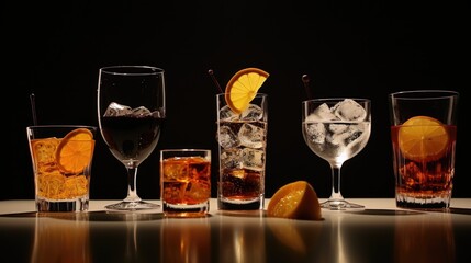 Poster - Row of glasses filled with different types of drinks, suitable for beverage industry promotions