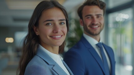 Poster - A man and a woman in business attire standing next to each other. Ideal for corporate and teamwork concepts