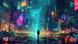 Fototapeta Nowy Jork - Futuristic neon-lit cyberpunk cityscape at night, dark and atmospheric. Digital painting