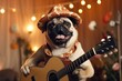 Cute pug dog in cowboy hat playing guitar, perfect for music and animal lovers