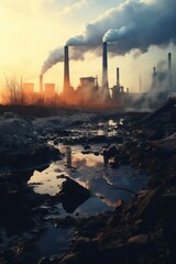 Poster - A dirty river with smoke emitting from it. Suitable for environmental and pollution-related concepts