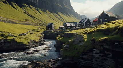 Poster - Scenic view of a river running through a lush green valley. Perfect for nature and travel concepts