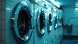 Row of washing machines in a public launder. Suitable for household appliances concept