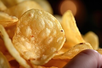 Poster - Close up of a person holding a potato chip, perfect for food and snack related designs