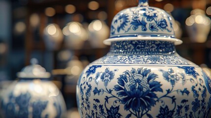 Poster - A blue and white vase sitting on top of a table. Perfect for home decor or interior design projects