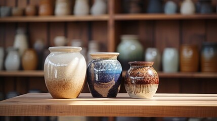Poster - Three vases sitting on a table in front of a shelf. Suitable for home decor concept