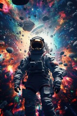 Poster - An astronaut in a space suit standing in front of planets. Suitable for science and space-themed designs