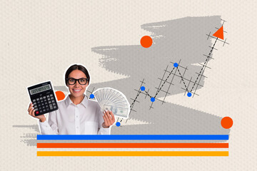 Poster - Creative trend collage of excited entrepreneur female hold calculator money fan stock trader weird freak bizarre unusual fantasy