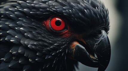 Poster - Close up of a black bird with striking red eyes, suitable for spooky or Halloween-themed projects