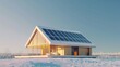 Modern house with solar panels on roof under clear blue sky, sustainable energy concept, 3D illustration