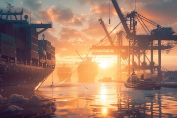 Poster - A large cargo ship floating in the water at sunset. Suitable for transportation and travel concepts