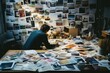 A man sitting at a table covered in various pictures. Suitable for creative projects
