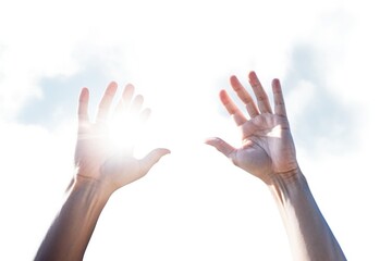 Poster - Two hands reaching up towards the sun. Suitable for inspirational and motivational concepts