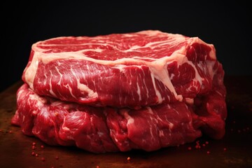 Poster - Fresh raw meat on a rustic wooden cutting board, perfect for food preparation concepts