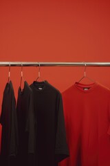 Poster - Image of three shirts hanging on a rail against a red wall. Suitable for fashion or laundry concepts
