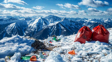 sacs poubelles abandonnées au sommet d'une montagne enneigée
