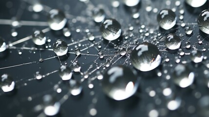 Poster - Close up of water droplets on a delicate spider web, perfect for nature and macro photography projects