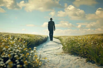 Aufkleber - A man walking down a path in a field. Suitable for outdoor and nature concepts