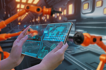Wall Mural - concept business and industry 4.0, industry engineer in factory,using smart tablet glass device,cont
