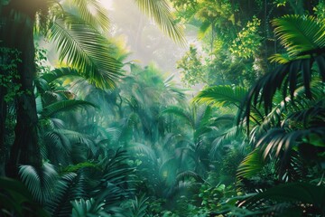 Poster - A vibrant forest filled with lush green plants, perfect for nature backgrounds