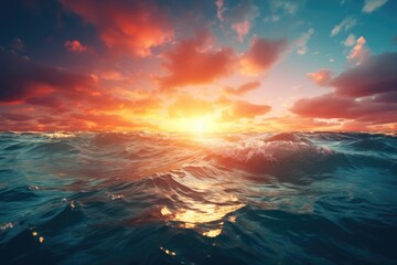 Poster - Beautiful sunset over a calm body of water. Perfect for nature and travel themes