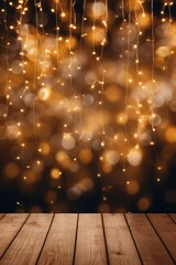 Aufkleber - A wooden table covered in various lights, perfect for adding a cozy and festive touch to any event or setting