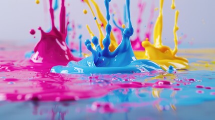 Poster - Vibrant blue and pink paint splatter close up. Perfect for artistic projects