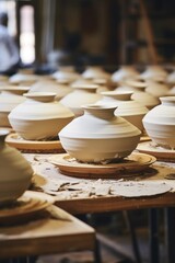 Poster - Group of pottery pots on a wooden table, suitable for home decor projects