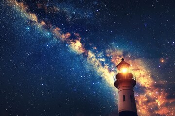 Poster - A lighthouse with a shining light at the top. Suitable for various design projects