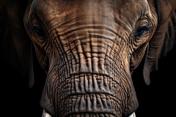 Poster - Close up of an elephant's face on a black background, perfect for wildlife and nature themes